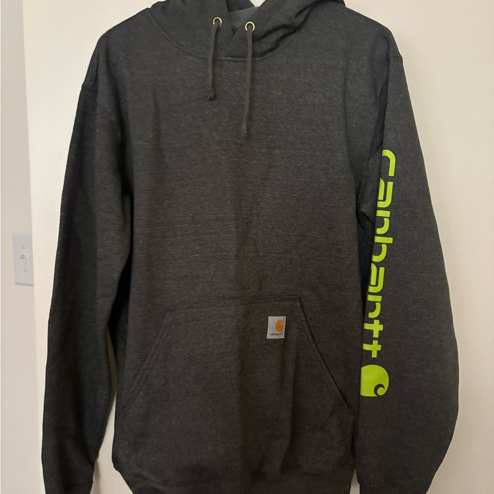 Carhartt Men's Dark Gray Hoodie with Neon Green Logo